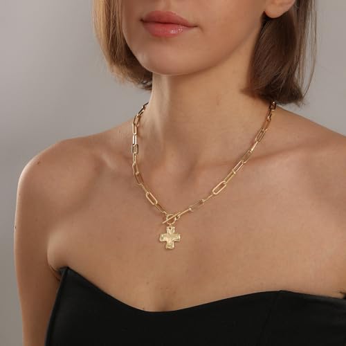 Bheop Chunky Cross Necklace for Women Trendy 14K Gold Silver Layered Statement Cross Pendant Charm Necklace Waterproof Paperclip Herringbone Snake Choker Chain Christian Jewelry Set Gift Non Tarnish - style: GD-Toggle Necklace(0.8 inch Pendant)
