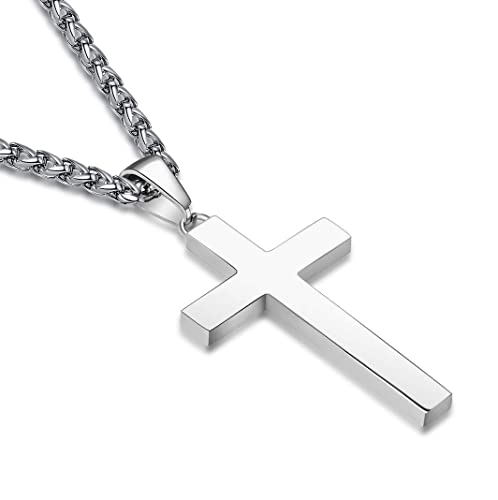 P. BLAKE Stainless Steel Cross Pendant Necklace for Men Boys, Christian Cross Pendant with 16-24 Inches Chain Cross Necklace Jewelry Gifts - size: 18 Inches, style: Silver Pendant 1.7*0.9