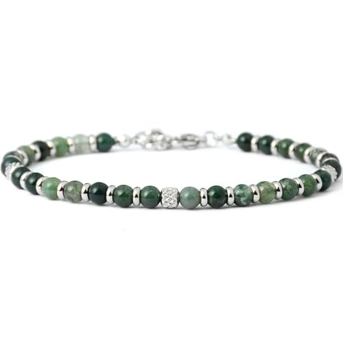 Ganbatte Handmade Beaded Bracelet, Natural Stone and Silver Stainless Steel, Boho Style Women's Jewelry - color: Moss Agate