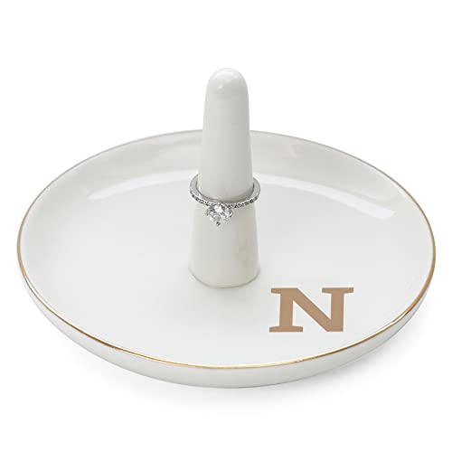 HOME SMILE Initials Ring Holder Jewery Tray with personalized N-Monogrammed Engagement Gifts for Friends,Birthday Mother's Day Christmas Gifts for Women,Ceramic White - style: N