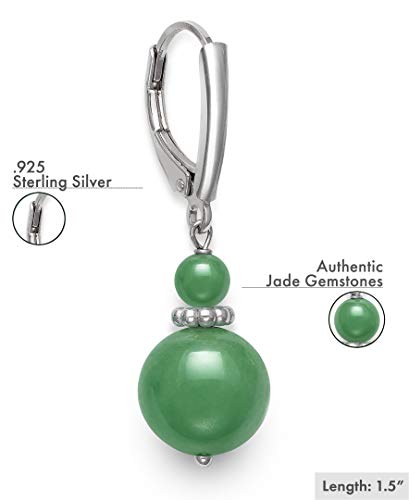 Belacqua Natural Round Gemstone Beaded Dangle Drop Earrings in Sterling Silver, Jade, Aquamarine, Black Onyx or Rose Quartz, Jewelry for Women, 1.5 Inches - Length, Leverback, Gift Box Included - color: Green Jade