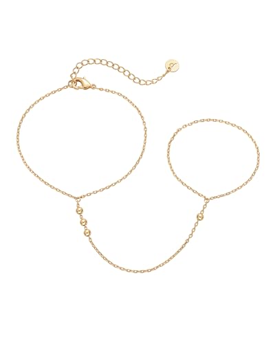 PAVOI 14K Gold Plated Hand Chains for Women - Adjustable Hand Chain Bracelet and Ring - Trendy Gold Handchain Bracelet Stack Summer Jewelry - Beads, Pearl, and Cubic Zirconia Body Jewelry - style: Beads