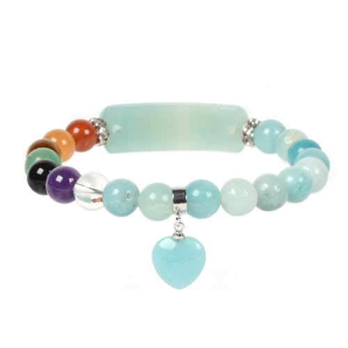 Justinstones Gem Semi Precious Gemstone Love Heart Charm Stretch Beaded Bracelet Unisex - color: Blue Amazonite(7 Chakra)
