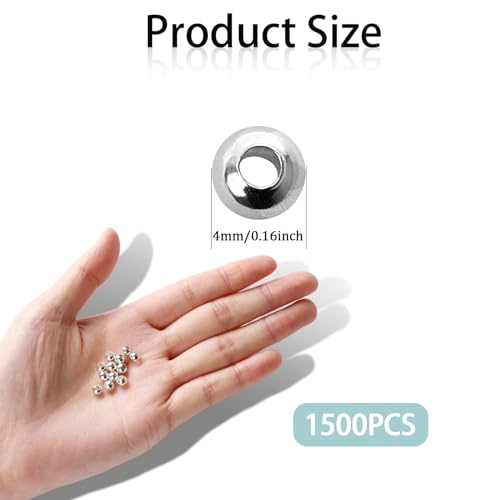 1500PCS Metal Spacer Beads for Jewelry Making, Silver Bead with Hole Stainless Steel Spacer Bead Plated Round Loose Charm Caps Beads for DIY Jewelry Making Bracelet Necklace Crafting (4mm)