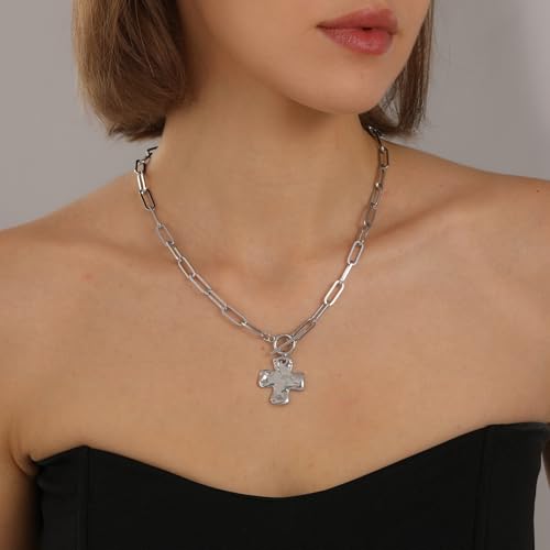 Bheop Chunky Cross Necklace for Women Trendy 14K Gold Silver Layered Statement Cross Pendant Charm Necklace Waterproof Paperclip Herringbone Snake Choker Chain Christian Jewelry Set Gift Non Tarnish - style: SL-Toggle Necklace（1 inch Pendant）