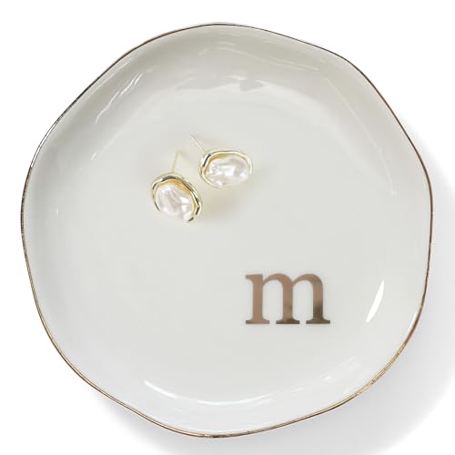 HOME SMILE Initials Ring Dish Jewery Tray with Personalized M-Monogrammed Engagement Wedding Gifts for Friends,Sister,Birthday Christmas Gifts for Women,Ceramic White - style: m