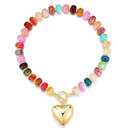 GZQ Chunky Gold Heart Necklace for Women, Resin Beaded Chain with Puff Heart Adjustable Clasp, Perfect for Daily Wear Party Date Streetwear Outfits Fashion Jewelry Gift - color: Colorful