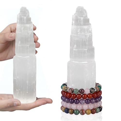 RattanView Large Selenite Tower 8'' Selenite Bracelet Holder Display Organizer Stand Healing Cleansing Recharging Home Decor