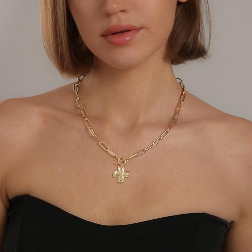 Bheop Chunky Cross Necklace for Women Trendy 14K Gold Silver Layered Statement Cross Pendant Charm Necklace Waterproof Paperclip Herringbone Snake Choker Chain Christian Jewelry Set Gift Non Tarnish - style: GD-Toggle Necklace(0.8 inch Pendant)