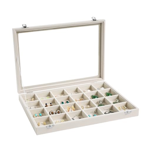 Wudygirl Jewelry Organizer Earring Holder Jewelry Tray with Lid Velvet Jewelry Box Jewelry Display Case Bracelet Earrings Ring Holder for Women Dresser (Beige 24 Grid Jewelry Tray) - style: Beige 24 Grid Tray