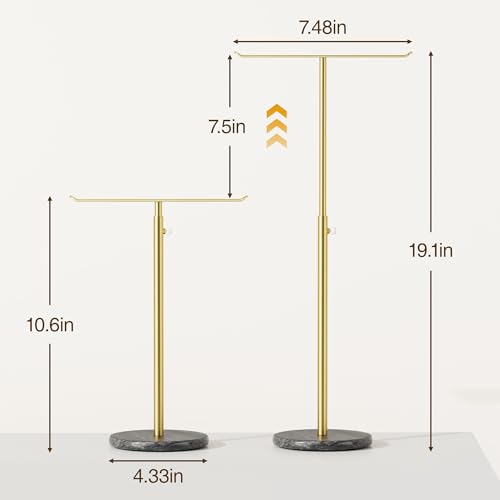 Gold Necklace Holder Jewelry Organizer Stand – Adjustable Height T‑Bar Jewelry Display with Dark Gray Marble Base, Necklace & Bracelet Holder, Countertop Jewelry Stand - color: Glod & Black