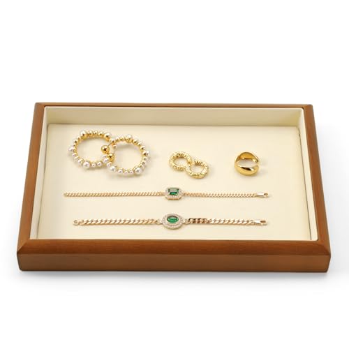 Solid Wood Flat Jewelry Tray Microfiber Necklace Bracelet Ring Earring Watch Bangle Stackable Drawer Organizer for Storage Display (Cream White) - style: 1 Grid