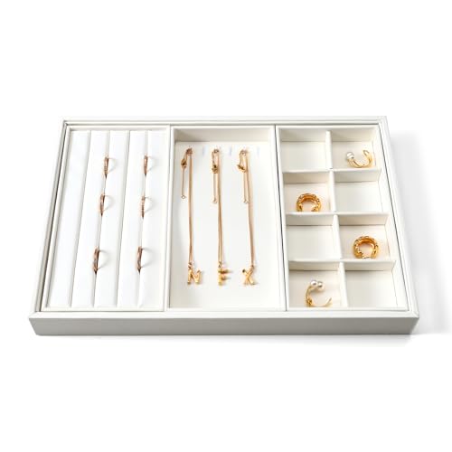 4 In 1 PU Leather Jewelry Trays Jewelry Drawer Organizer Tray Stackable Jewelry Trays Necklace Bracelet Ring Earring Organizer Tray (White) - color: White, size: 3 Grid