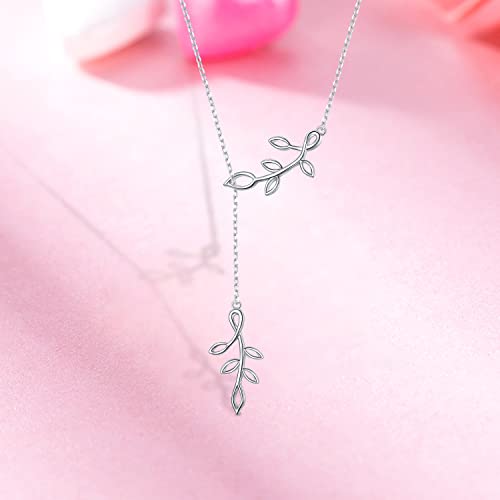 Long Necklace Sterling Silver Larait Bar Y Lariat Long Chain Drop Adjustable Necklace Gift for Her, 30" - style: Long Olive Leaf Necklace