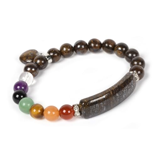 Justinstones Gem Semi Precious Gemstone Love Heart Charm Stretch Beaded Bracelet Unisex - color: Bronzite(7 Chakra)