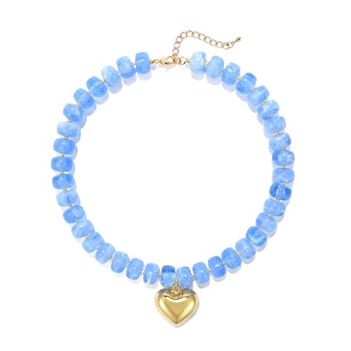 Chunky Heart Necklace for Women, Colorful Acrylic Beaded Statement Puff Heart Necklace, Cute Boho Y2K Choker Necklace for Gift Jewelry - color: Blue