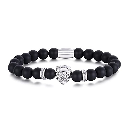 Ourania Onyx Lion Stone Bracelet Men - Black Onyx Beaded Stainless Steel Leo Head Bracelet Women 8mm - color: Silver