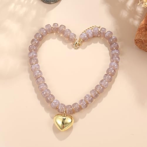 Chunky Heart Necklace for Women, Colorful Acrylic Beaded Statement Puff Heart Necklace, Cute Boho Y2K Choker Necklace for Gift Jewelry - color: Gray