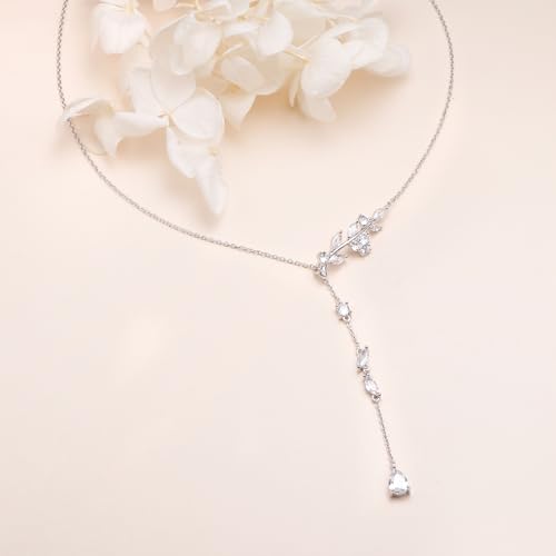 Long Necklace Sterling Silver Larait Bar Y Lariat Long Chain Drop Adjustable Necklace Gift for Her, 30" - style: Long Leaf Necklace