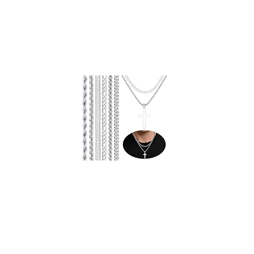 LOYALLOOK 6PCS Silver Chain for Men Women Stainless Steel Cross Chain Layered Cuban Link Figaro Snake Box Chain Cross Pendant Necklace 18-20IN/20-22IN - size: 20inch/22inch
