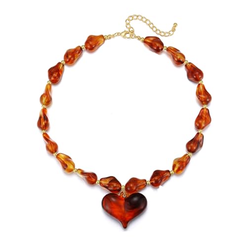 GZQ Chunky Gold Heart Necklace for Women, Resin Beaded Chain with Puff Heart Adjustable Clasp, Perfect for Daily Wear Party Date Streetwear Outfits Fashion Jewelry Gift - color: Brown