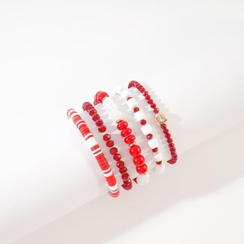 RISHEGAE Heishi Beaded Stretch Bracelets for Women Stackable Polymer Clay Beads Bracelets Friendship Boho Summer Beach Bracelet Jewelry Set - color: C-Red Bracelet