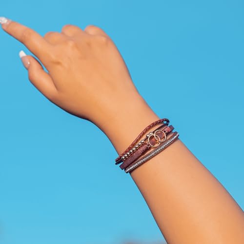 FANCY SHINY Mothers Day Gifts Boho Leather Wrap Bracelet Stackable Infinity Chunky Cuff Bracelets Western Hippie Outfits Jewelry Valentine Gifts for Women - color: Burgundy