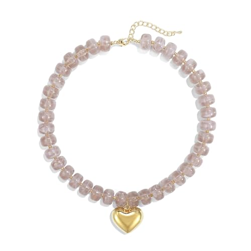 Chunky Heart Necklace for Women, Colorful Acrylic Beaded Statement Puff Heart Necklace, Cute Boho Y2K Choker Necklace for Gift Jewelry - color: Gray