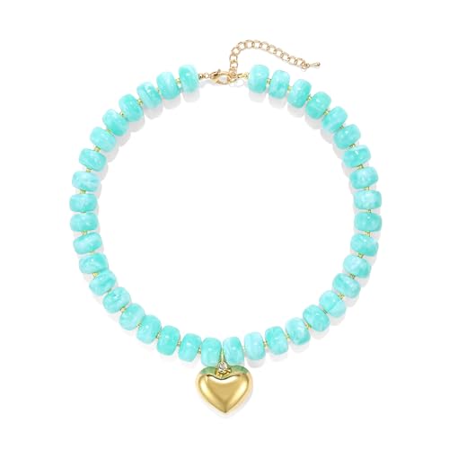 Chunky Heart Necklace for Women, Colorful Acrylic Beaded Statement Puff Heart Necklace, Cute Boho Y2K Choker Necklace for Gift Jewelry - color: Lake Blue