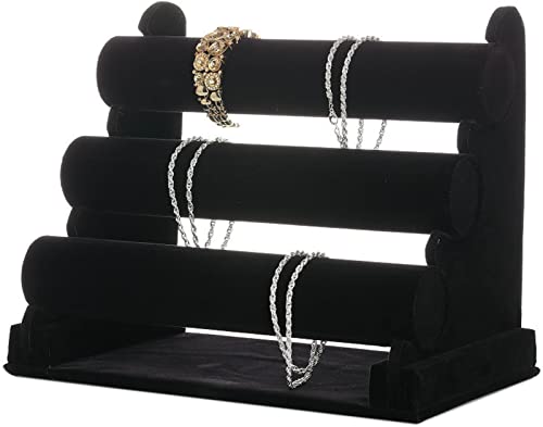 ChezMax Triple Tier Jewery Display Removable Bracelet Holder Jewelry Stand Necklace Stand Jewelry Towers and Watch Holder for Home Organization - color: B- Black Velvet