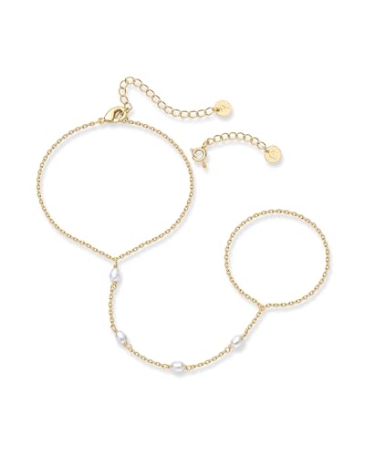 PAVOI 14K Gold Plated Hand Chains for Women - Adjustable Hand Chain Bracelet and Ring - Trendy Gold Handchain Bracelet Stack Summer Jewelry - Beads, Pearl, and Cubic Zirconia Body Jewelry - style: Pearl