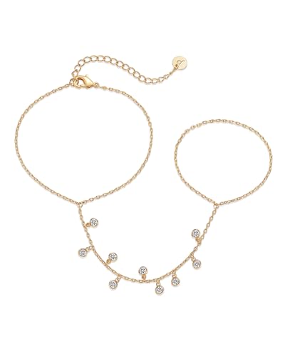 PAVOI 14K Gold Plated Hand Chains for Women - Adjustable Hand Chain Bracelet and Ring - Trendy Gold Handchain Bracelet Stack Summer Jewelry - Beads, Pearl, and Cubic Zirconia Body Jewelry - style: Climber CZ