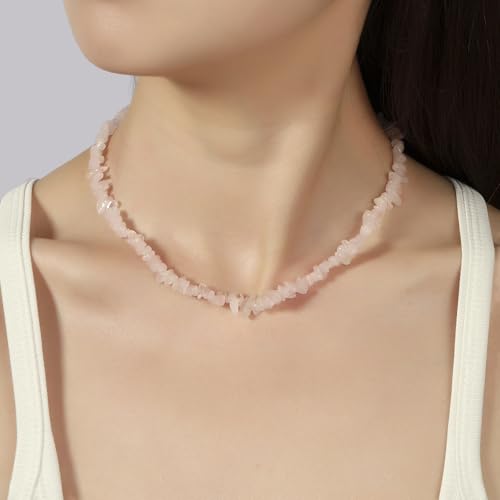 Raw Crystal Necklaces for Women 5-8mm Handmade Natural Stone Necklace Beaded Choker Necklace Healing Crystal Necklace Gemstone Necklace Raw Crystal Beaded Necklace for Her - style: Rose Quartz