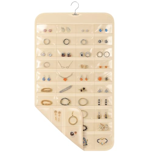 1 Pack Hanging Jewelry Organizer, 80 Clear Pockets earring organizer and storage, Accessories holder organizer for Closet, Jewelries, Necklace, Travel - color: Beige