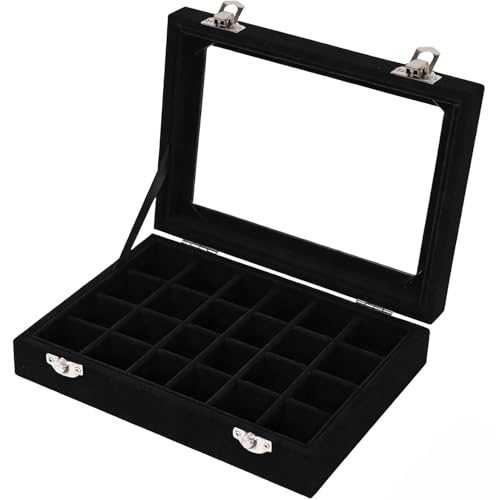 Velvet Jewelry Box 24 Grid Jewelry Earrings Display Organiser Box Ring Tray Holder Earrings Storage Case for Girls Women Wife Mom (Black) - color: Black
