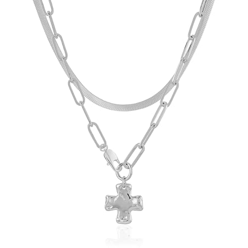 Bheop Chunky Cross Necklace for Women Trendy 14K Gold Silver Layered Statement Cross Pendant Charm Necklace Waterproof Paperclip Herringbone Snake Choker Chain Christian Jewelry Set Gift Non Tarnish - style: SL-2PCS/0.8 inch Cross+Herringbone Necklace