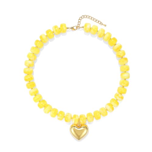Chunky Heart Necklace for Women, Colorful Acrylic Beaded Statement Puff Heart Necklace, Cute Boho Y2K Choker Necklace for Gift Jewelry - color: Yellow
