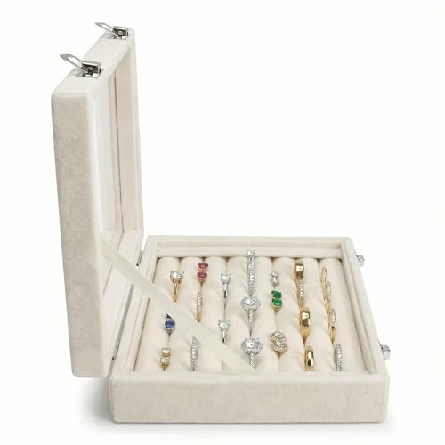 Jewelry Box Rings Organizer Tray 7 Slots Velvet Jewelry Earring Storage Box With Transparent Lid Jewelry Display Case for Girls Women (Beige) - color: Beige