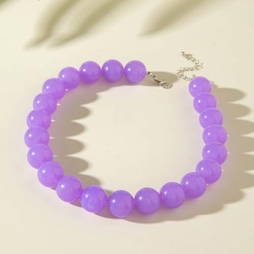 Colorful Chunky Beaded Necklace for Women Acrylic Bead Choker Necklaces Fashion Large Round Beads Necklaces for Women Handmade Summer Jewelry - color: Purple Beaded Necklace