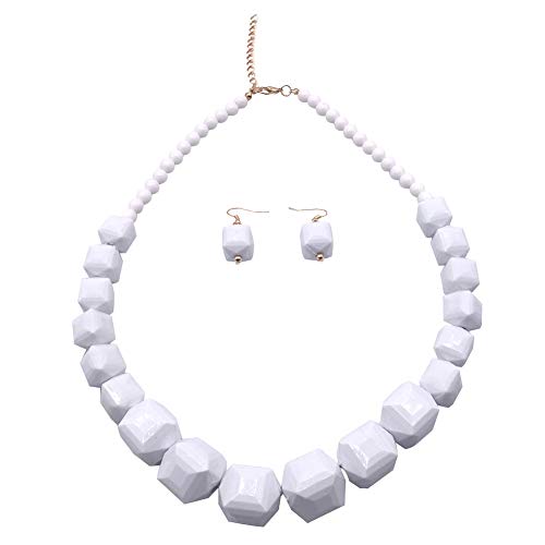 Halawly White Beads Necklace, Acrylic Costume Jewelry for Women Chunky Statement Strand Necklaces with Bracelet Dangle Earrings, Big African Beaded Necklace - color: White Long