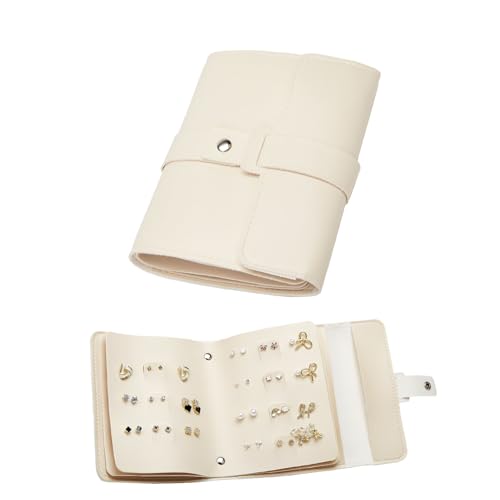 LAKE OF FIRE Earring Holder Organizer with Foldable Book Design Jewelry Book Organizer, Portable Pu Leather Travel Earring Case(Beige) - color: Beige