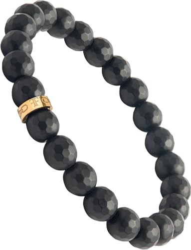 Forge & Foundry Faceted Matte Black Onyx Stone Beaded Bracelet | Custom Signature Stainless Steel Bead | ‘Pindar’ | 8mm and 10mm Bead Desgins | Refined Hand-Crafted Jewelry - color: 8mm Gold, size: Medium