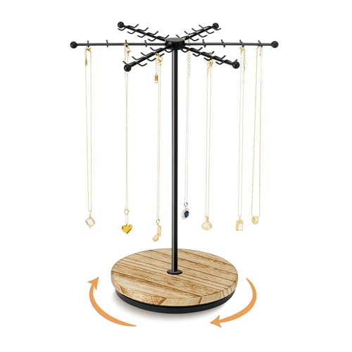 Poyilooo Necklace Holder Jewelry Stand, Rotating Necklace Holder Organizer with 48 Hooks for Necklace Earring Keychains Bracelet Display Stand, Metal Necklace Tree Stand -Gifts for Women (Black) - color: Black