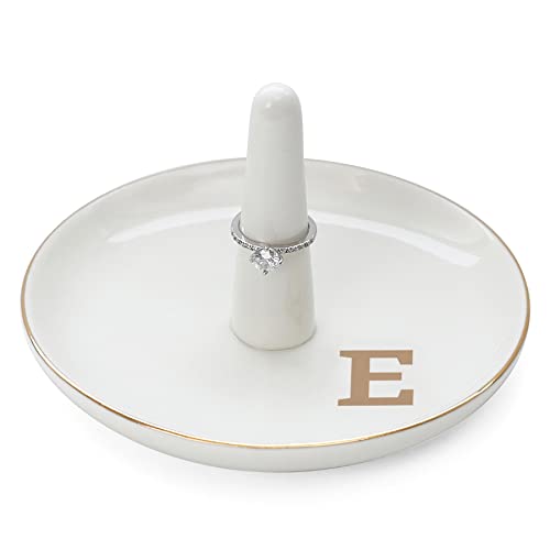HOME SMILE Initials Ring Holder Jewery Tray with personalized E-Monogrammed Engagement Gifts for Friends,Birthday Mother's Day Christmas Gifts for Women,Ceramic White - style: E