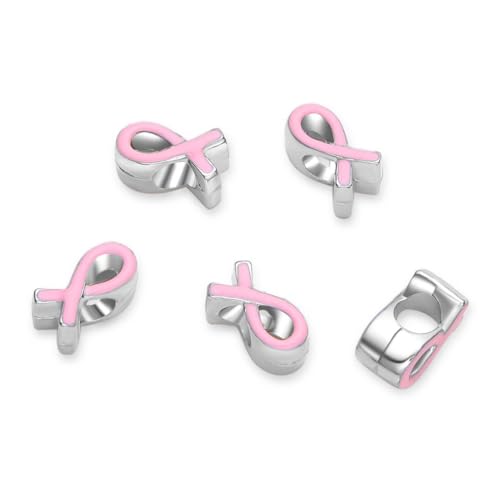 20pcs Pink Ribbon Symbol of Awareness Large Hole Enamel Loose Beads (4.5mm Hole) Antique Silver Metal Spacer for DIY Craft Jewelry Making MEC-C14 - size: Pink Ribbon