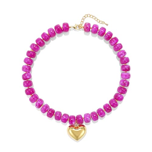 Chunky Heart Necklace for Women, Colorful Acrylic Beaded Statement Puff Heart Necklace, Cute Boho Y2K Choker Necklace for Gift Jewelry - color: Rose
