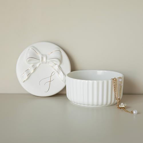 COLLECTIVE HOME - Monogram Jewelry Box with Bow, Christmas Gift Ideas for Women, Small Gift for Girlfriend Wife, Ring Holder, Earrings Dish, Birthday Gift for Her (F) - color: F