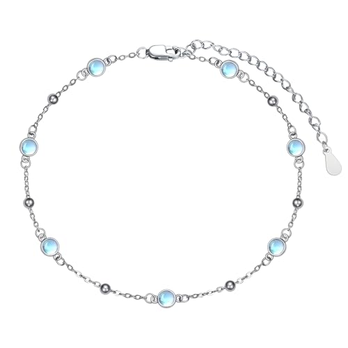 HPQQ Anklet Bracelet for Women 925 Sterling Silver Natural Stone Chain Bead Ankle Bracelet Beach Summer Fine Jewelry Mothers Day Birthday Gifts for Women Mom Wife - color: Anklet-9"-11"-Moonstone