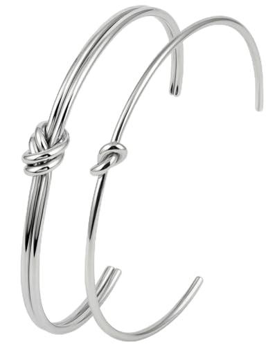 Stainless Steel Cuff Bracelet,Retro Gothic Punk Biker Cool Open Adjustable Cuff Bangle Bracelets Jewelry for Men Silver - style: 2 Pcs Silver Thin Knot