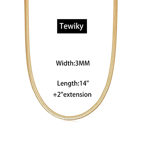 Tewiky Layered Necklaces for Women Non Tarnish- Chunky 14k Gold Plated Herringbone/Snake/Rope/Box/Cuban Link Chain for Women Waterproof Layering Stack Choker Necklace Trendy Dainty Tarnish Free Jewelry Set - color: Herringbone 3mm/14inch Gold